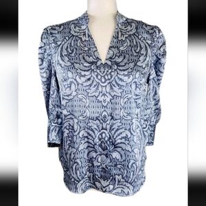 White House Black Market Blue Silky Blouse button up V-Neck 3/4 Sleeve Size 4